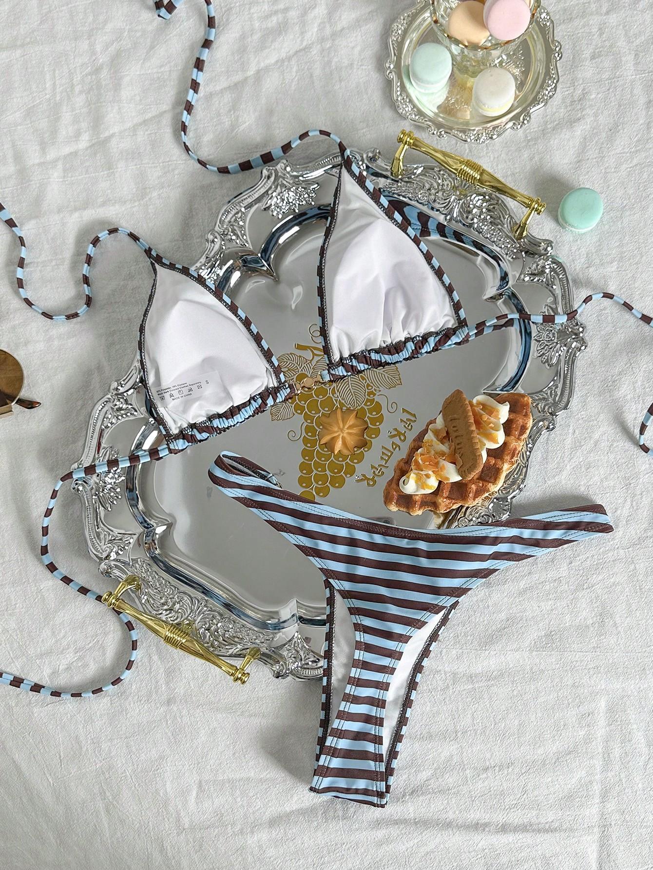 SHEIN KOMPLET BIKINI WZÓR PASKI ZDOBIENIE S09__XXS
