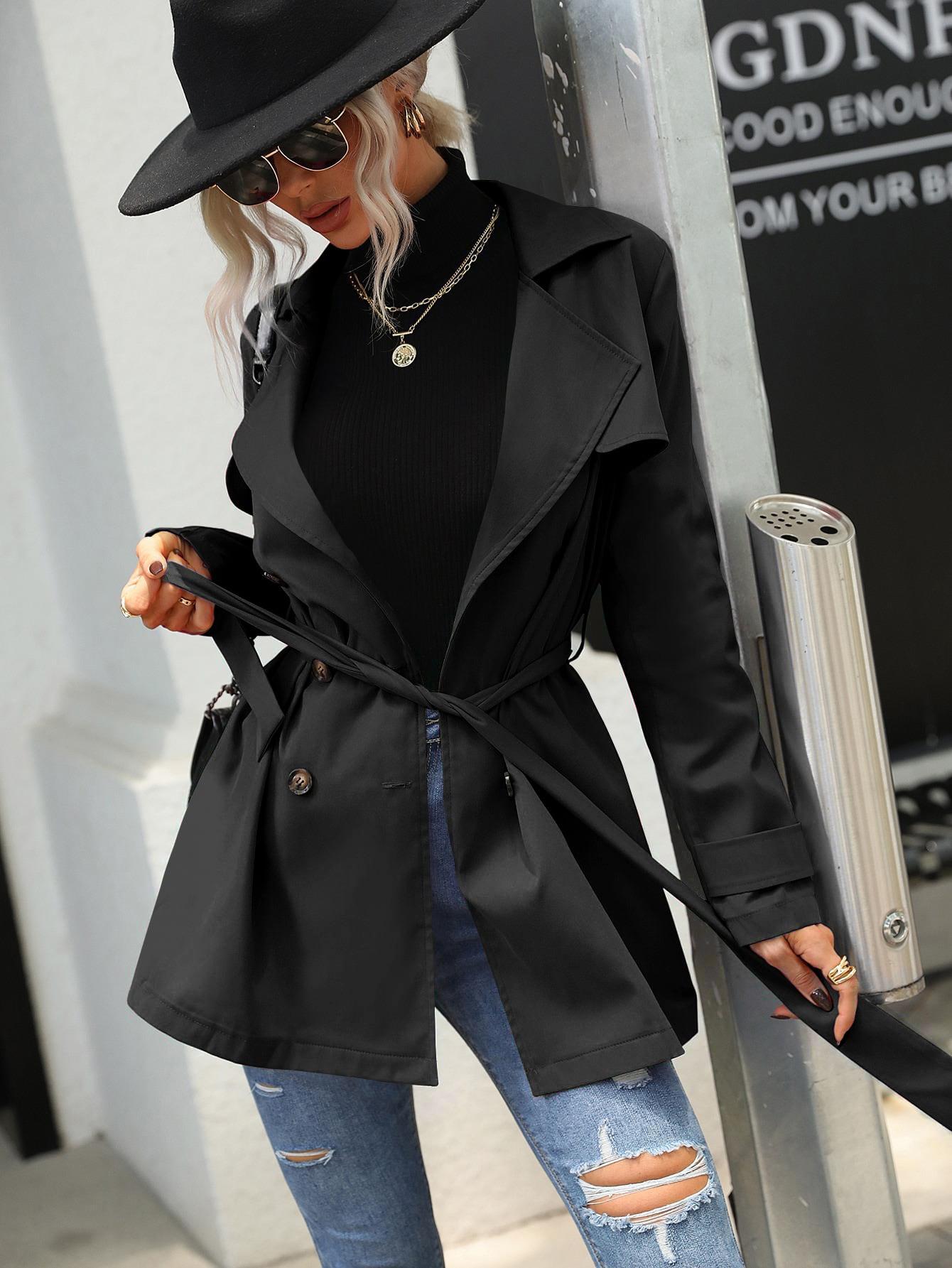 SHEIN CZARNY PŁASZCZ TRENCZ W01__XS