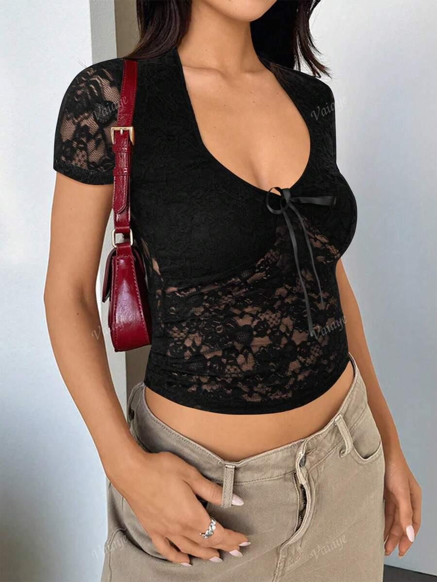 SHEIN CZARNY TOP KORONKA S06__XS