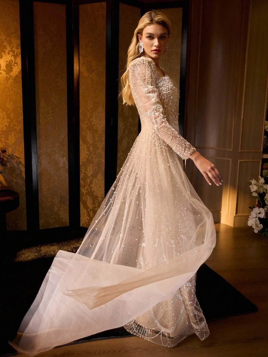 SHEIN BEŻOWA MAXI SUKIENKA S06__L