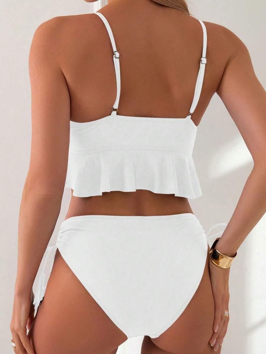 SHEIN BIAŁY DWUCZĘŚCIOWY STRÓJ KĄPIELOWY FALBANA S09__L