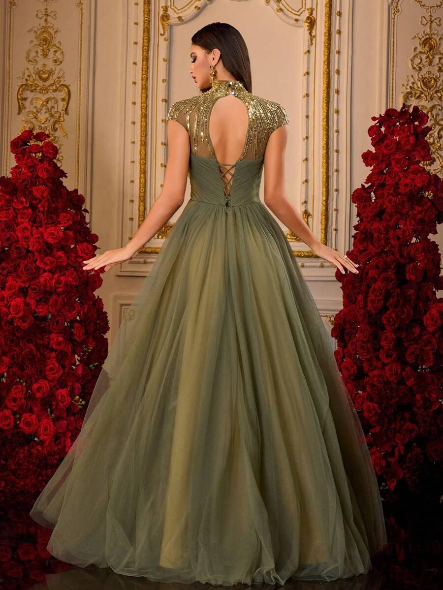 SHEIN ZIELONA MAXI SUKIENKA ZDOBIENIA S06__M