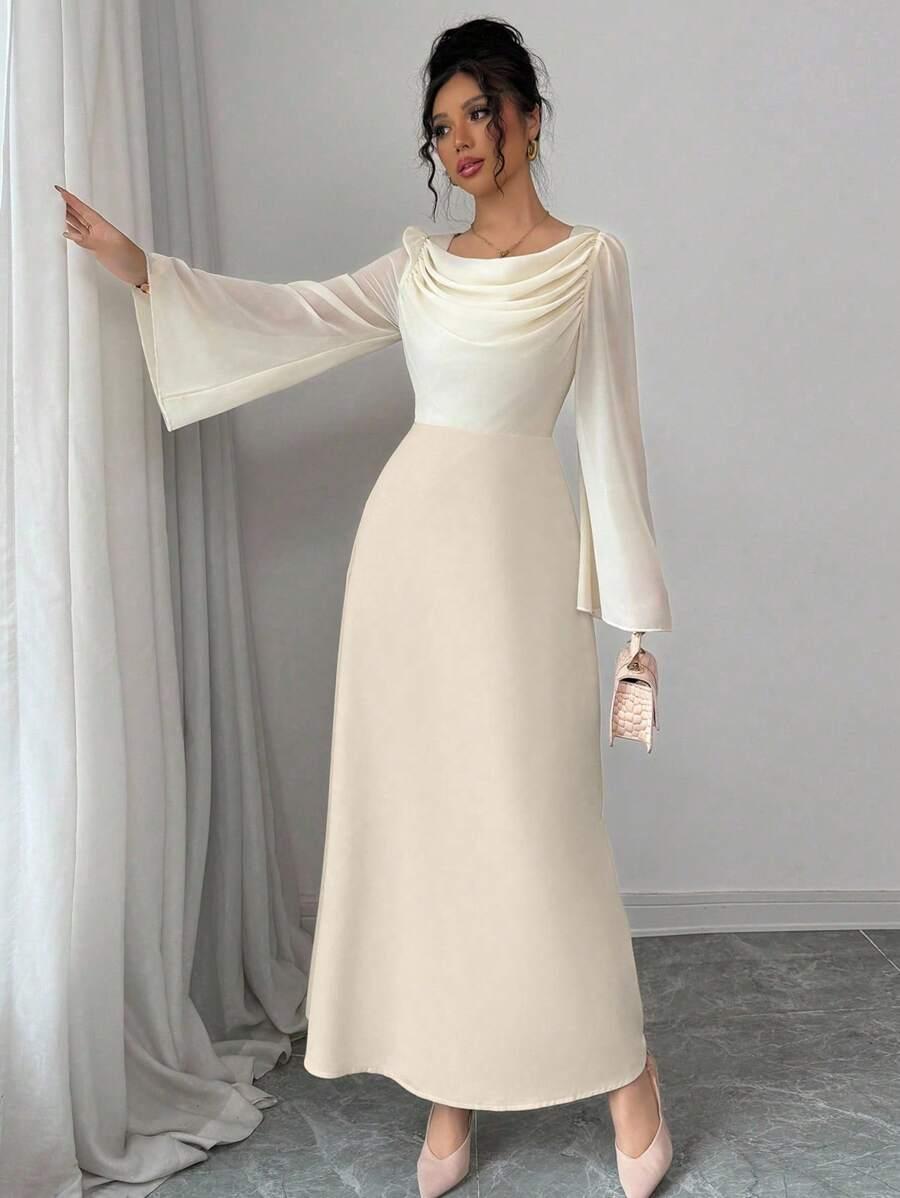 SHEIN KREMOWA MAXI SUKIENKA DŁUGI RĘKAW S06__S