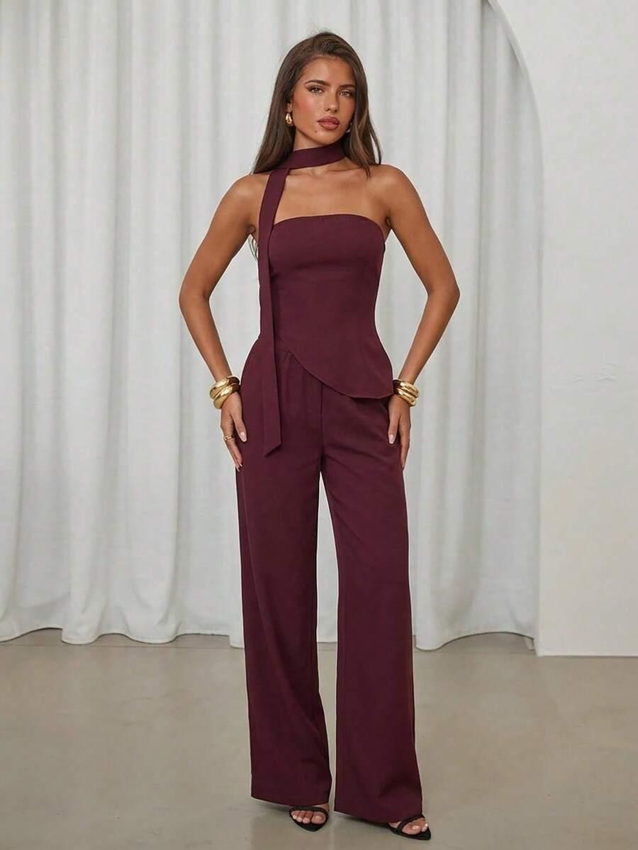 SHEIN BORDOWY TOP SPODNIE KOMPLET S06__M