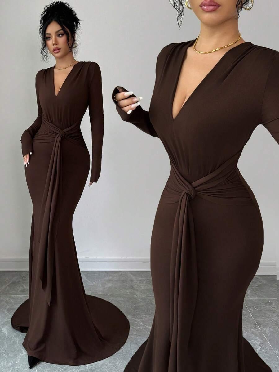 SHEIN BRĄZOWA MAXI SUKIENKA S06__S