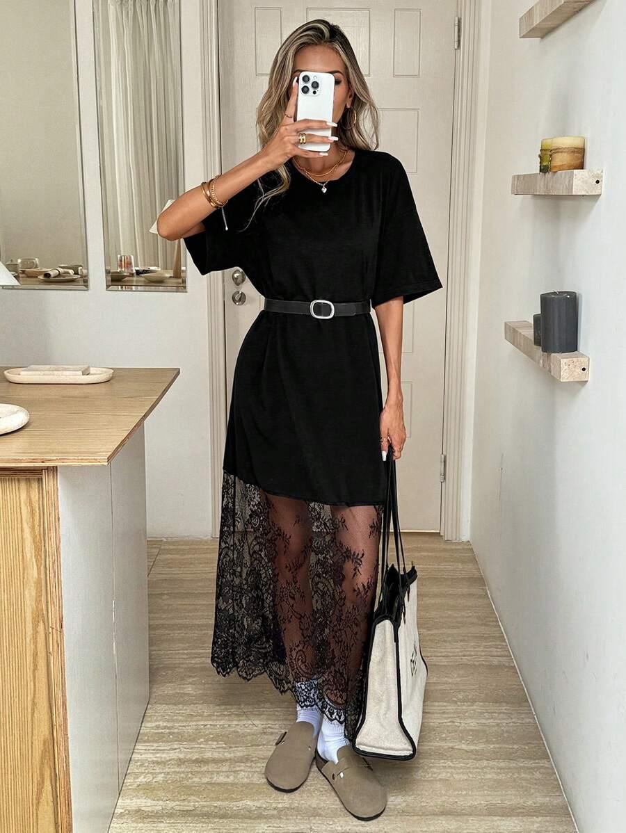 SHEIN CZARNA MAXI SUKIENKA KORONKA S06__S