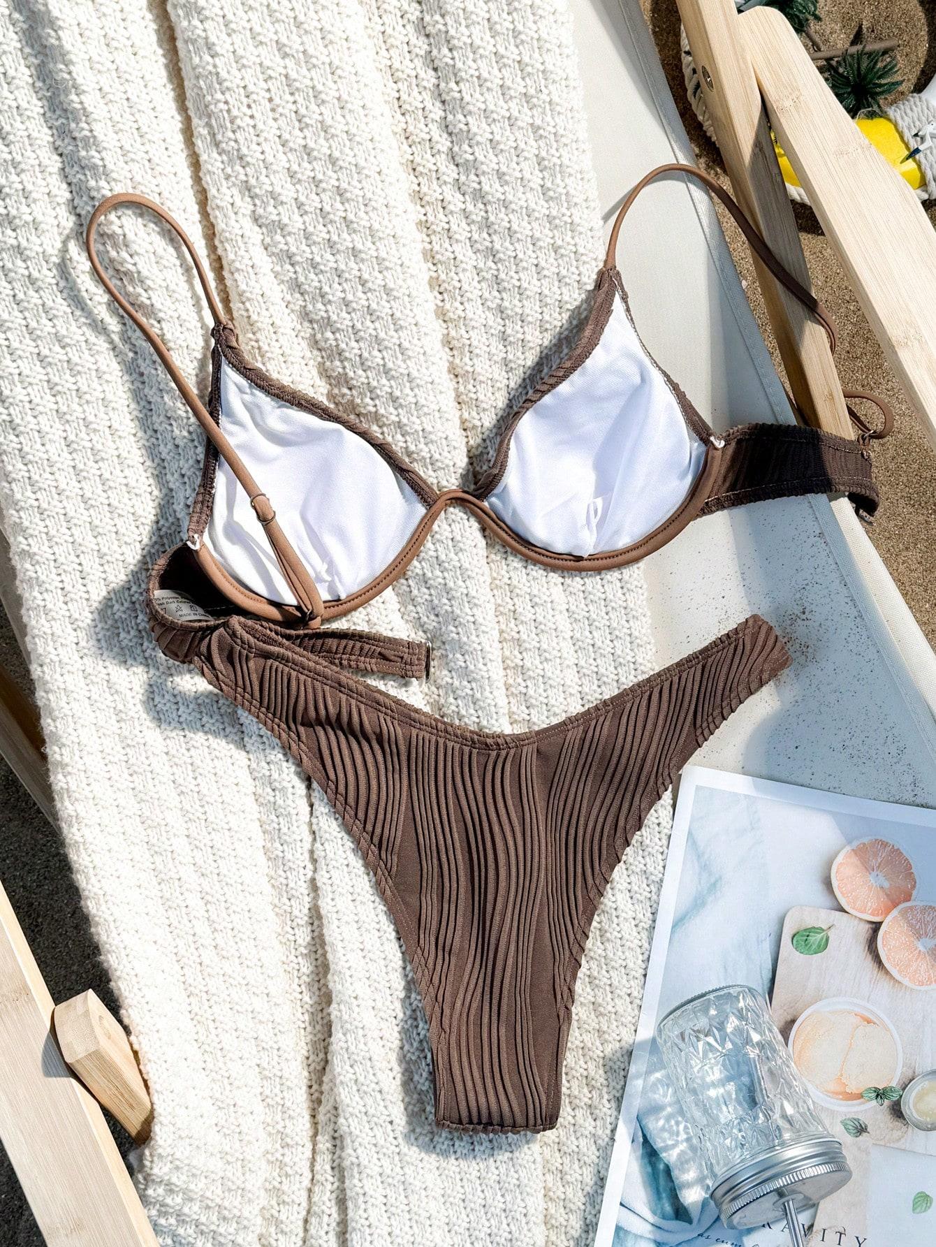 SHEIN BRĄZOWY DWUCZĘŚCIOWY STRÓJ KĄPIELOWY S09__L