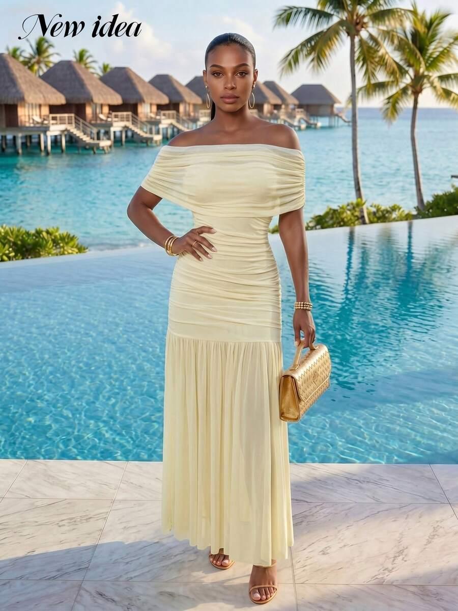 SHEIN ŻÓŁTA MAXI SUKIENKA ODKRYTE RAMIONA S06__S