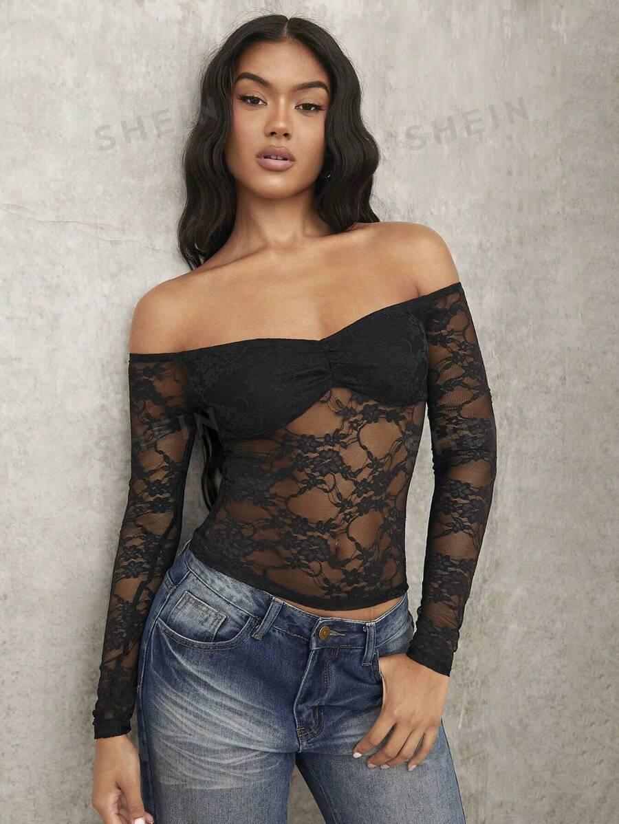 SHEIN CZARNY TOP KORONKA S06__S
