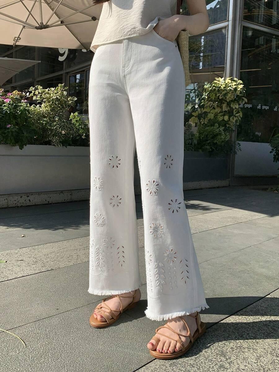 DAZY BIAŁE SPODNIE JEANS ZDOBIENIE WYCIĘCIA KWIATY S06__M