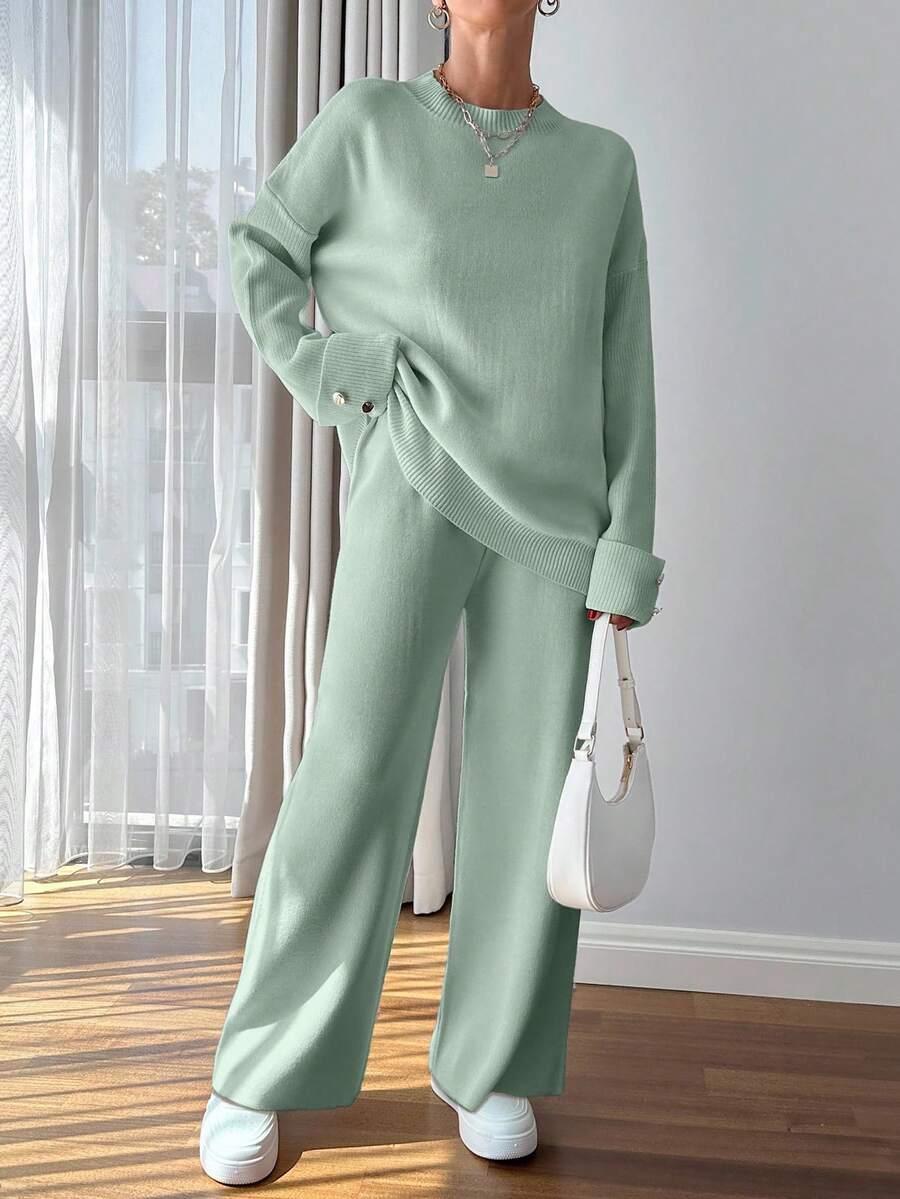 SHEIN ZIELONY KOMPLET SWETER SPODNIE DZIANINA S06__S
