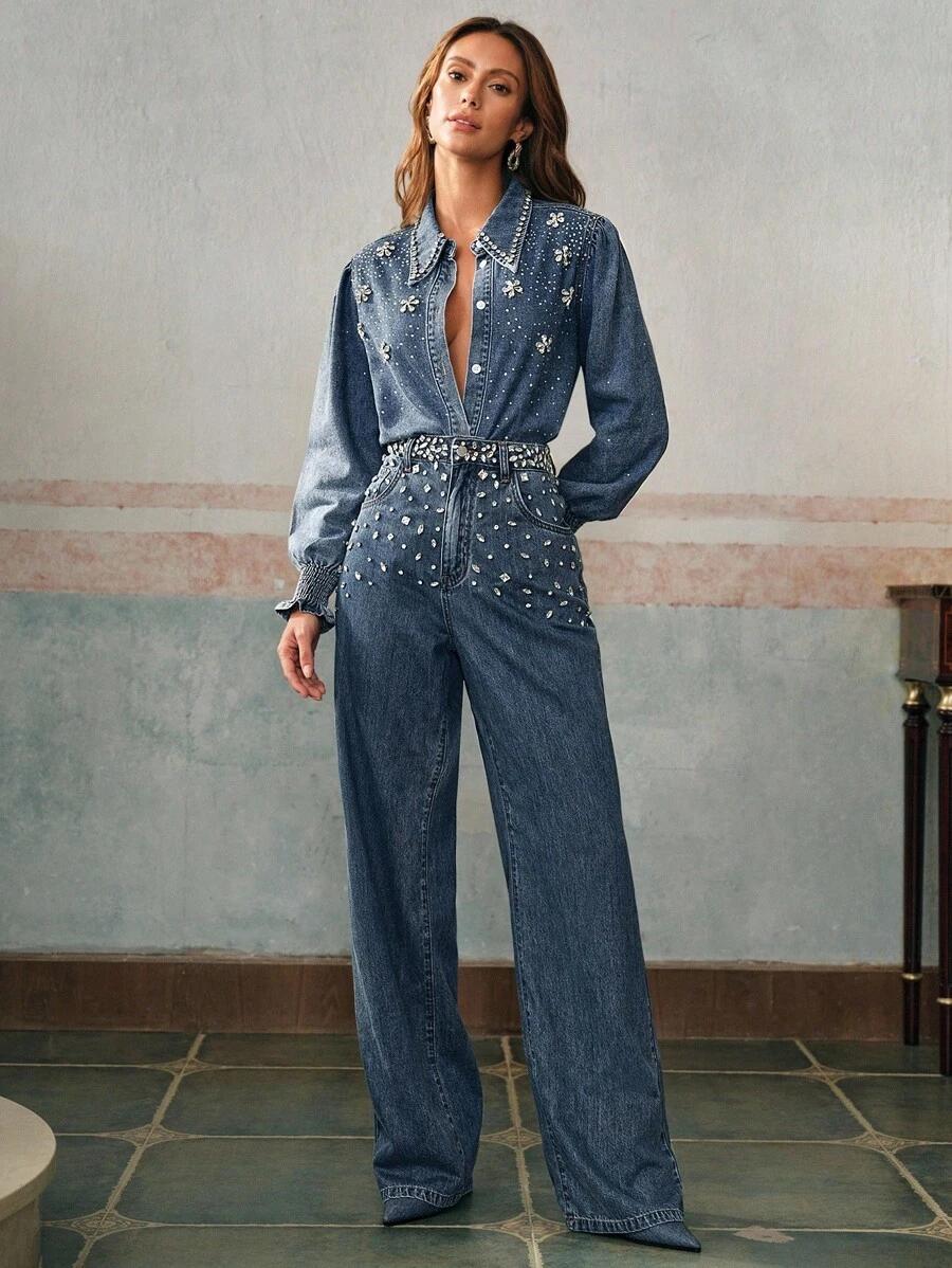 SHEIN NIEBIESKA JEANSOWA KOSZULA ZDOBIENIE S06__L