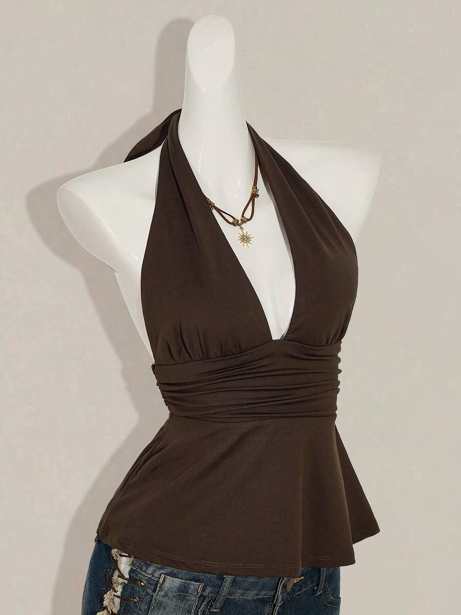 SHEIN BRĄZOWY TOP WIĄZANIE S06__M
