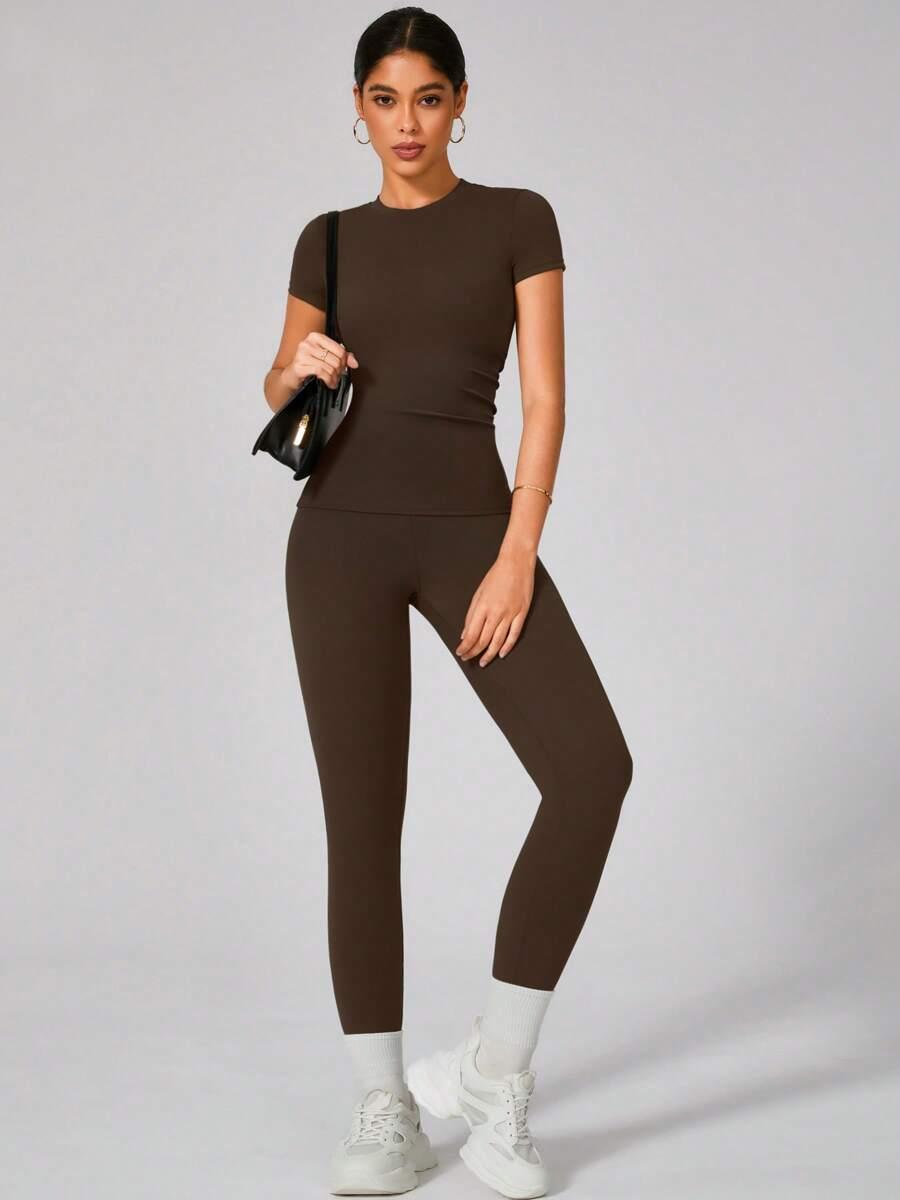 SHEIN BRĄZOWA BLUZKA LEGGINSY KOMPLET S06__M