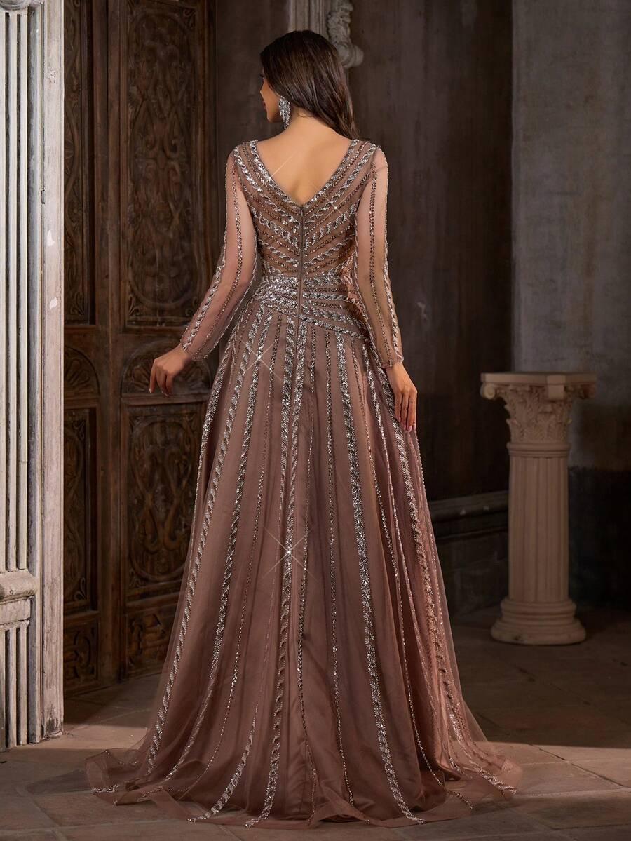 SHEIN SUKIENKA MAXI DŁUGI RĘKAW ZDOBIENIA S06__XL