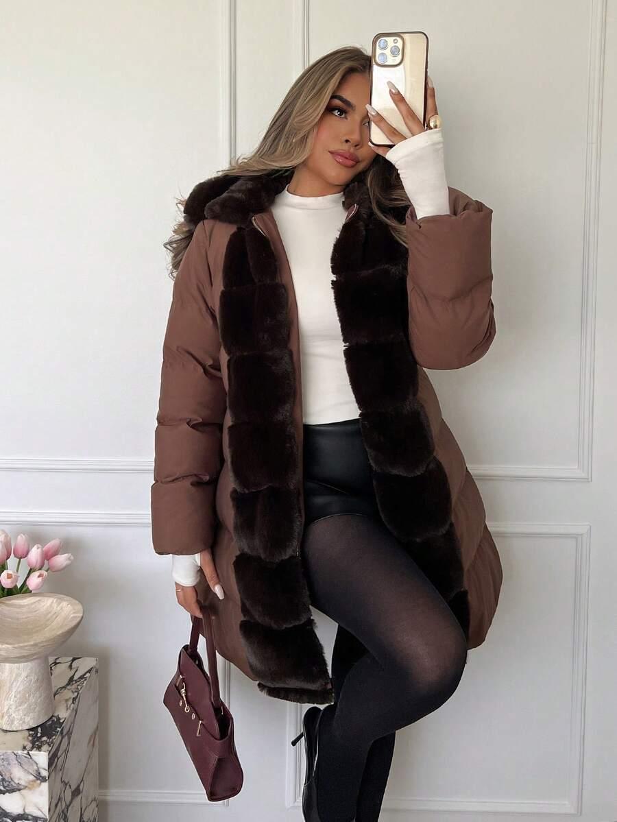 SHEIN BRĄZOWA PIKOWANA KURTKA KAPTUR W01__S