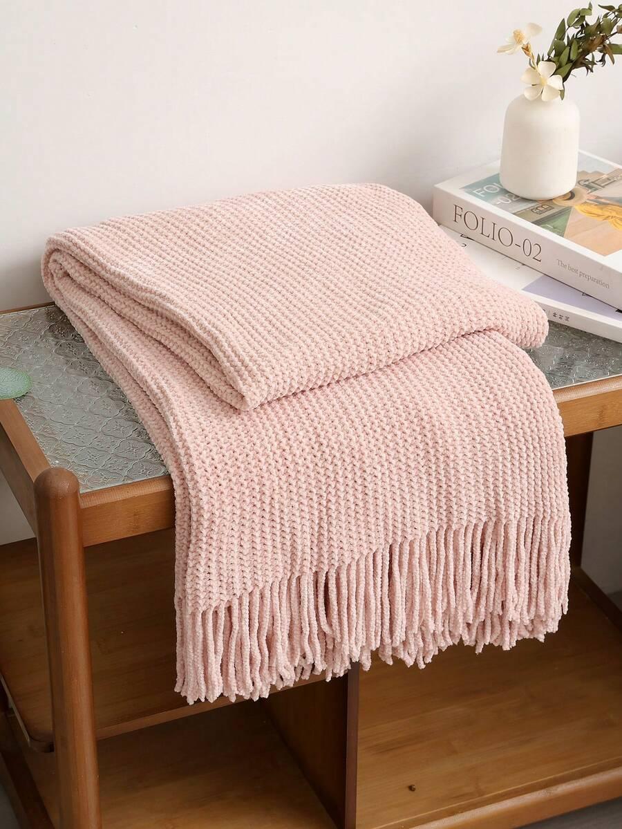 SHEIN RÓŻOWY MIĘKKI KOC FRĘDZLE S07__140X170