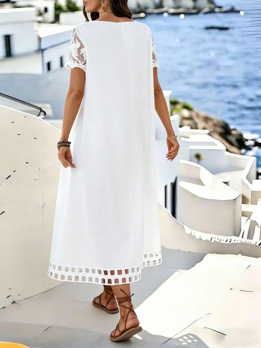 SHEIN BIAŁA MAXI SUKIENKA WSTAWKA KORONKAS