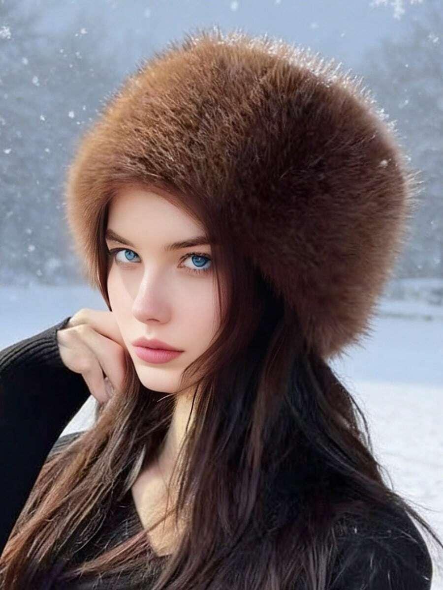 SHEIN BRĄZOWA CZAPKA SZTUCZNE FUTRO W01__55/60