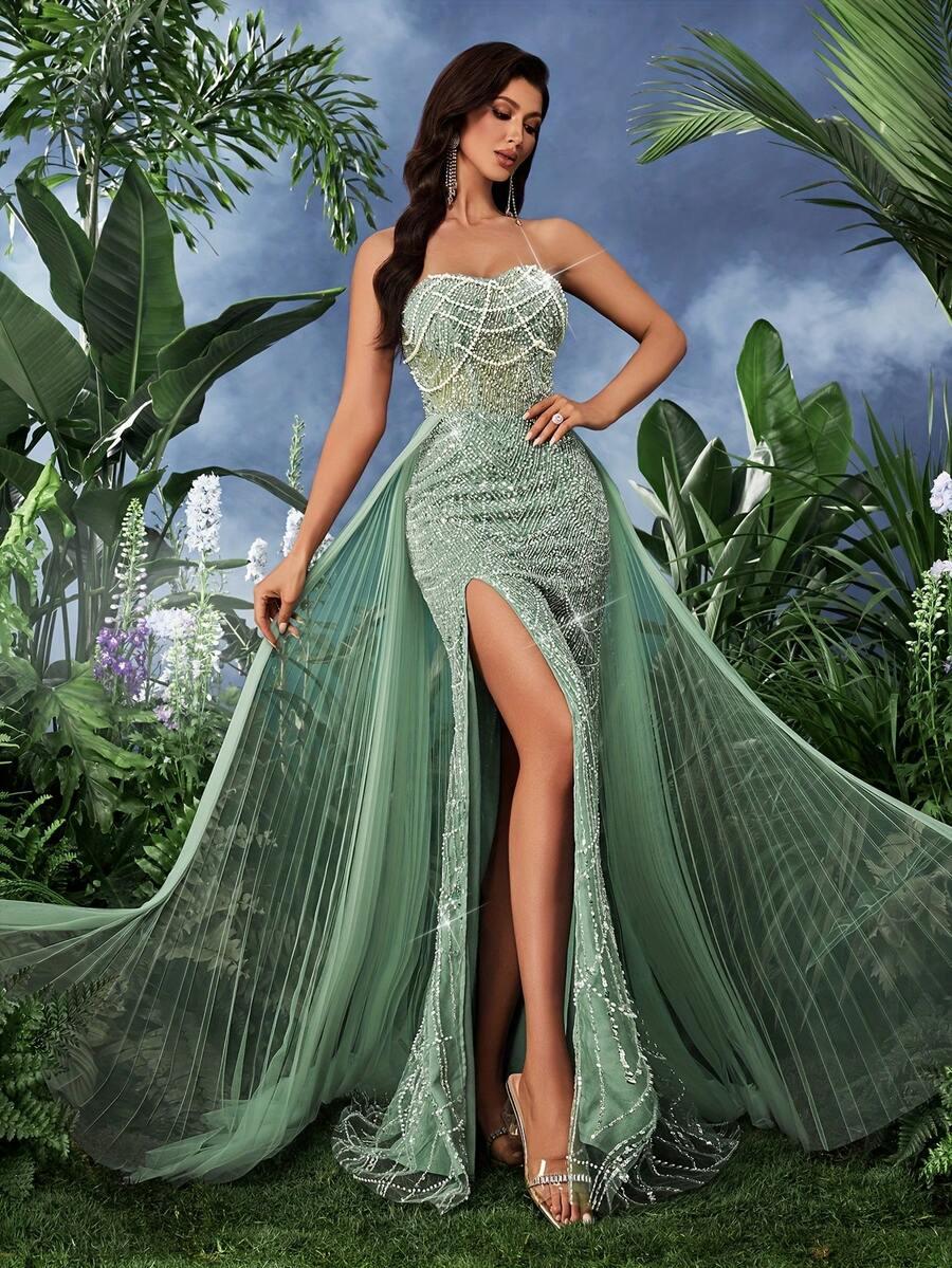 SHEIN ZIELONA MAXI SUKIENKA ODKRYTE RAMIONA ZDOBIENIA PK01__XS