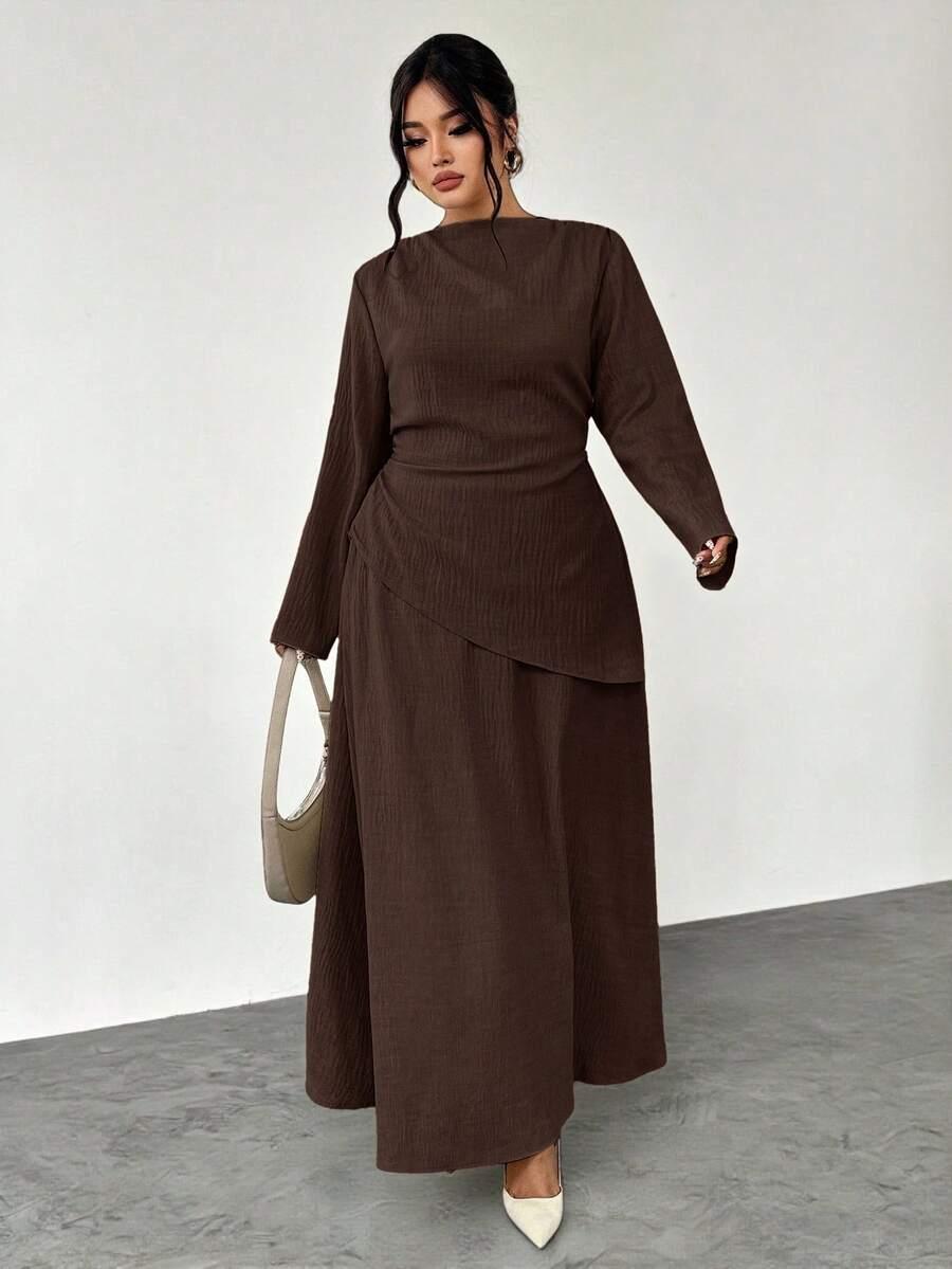 SHEIN BRĄZOWY KOMPLET BLUZKA SPÓDNICA S06__46