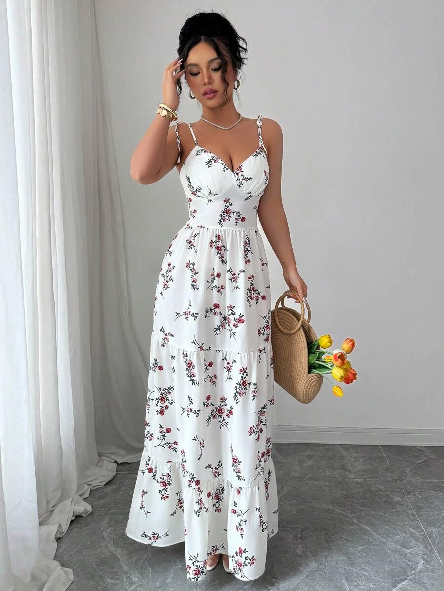 SHEIN MAXI SUKIENKA NA RAMIĄCZKACH WZÓR KWIATY S09__M