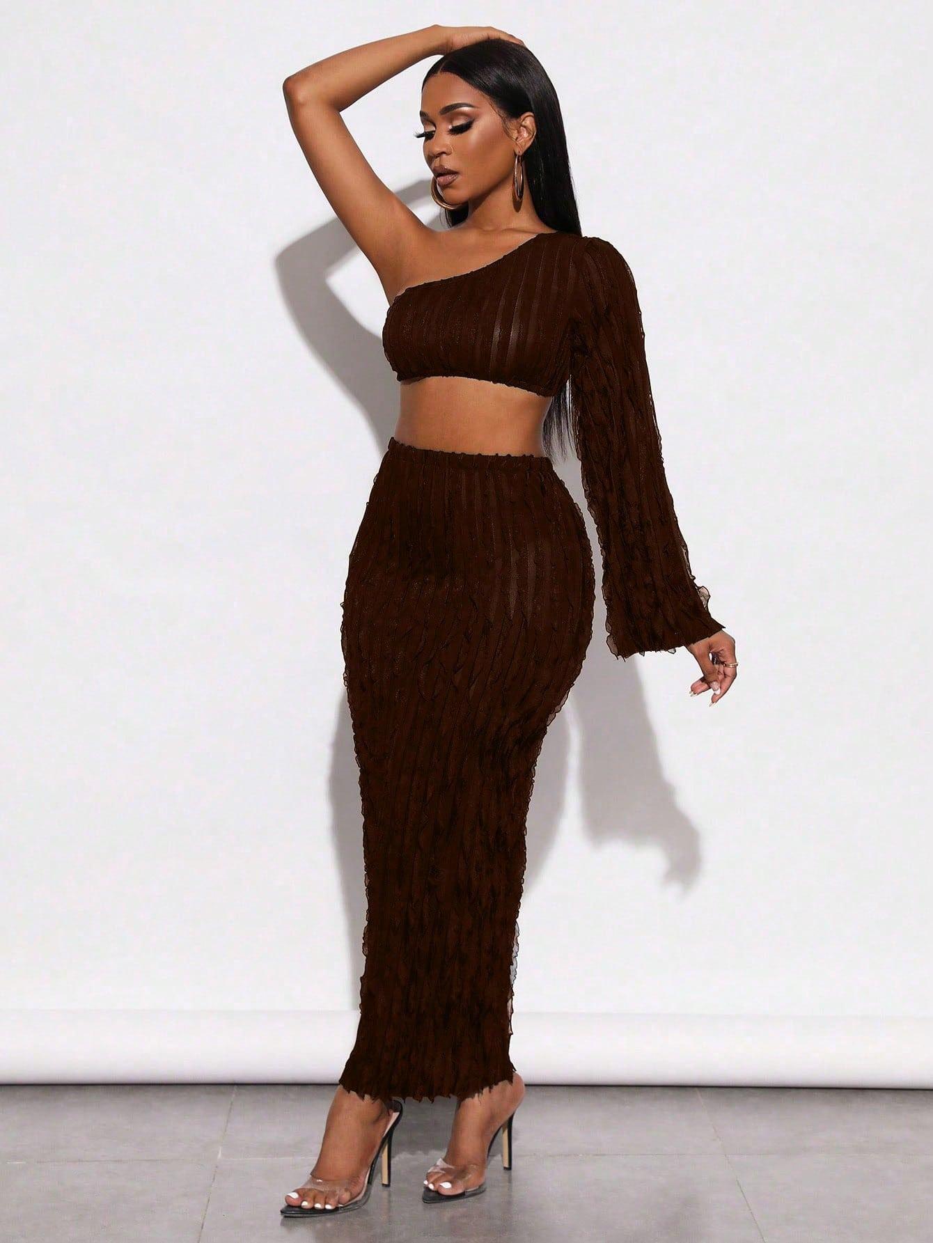 SHEIN BRĄZOWY KOMPLET TOP SPÓDNICA MAXI S06__S