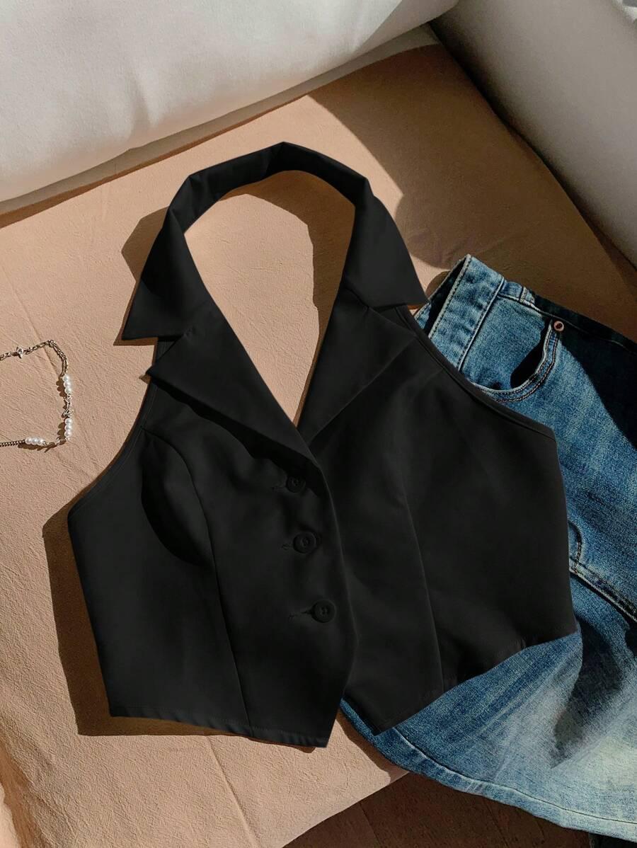 SHEIN CZARNY TOP KOŁNIERZYK S06__S