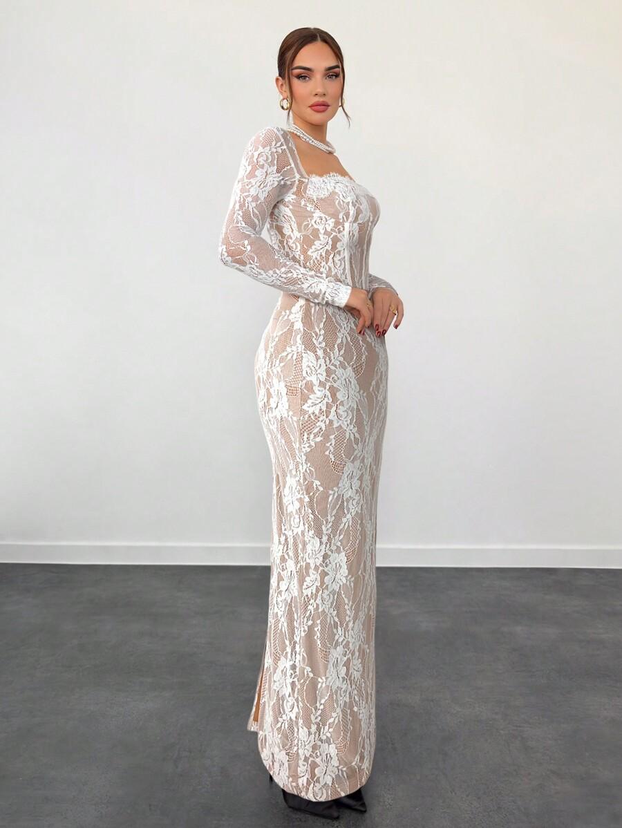 SHEIN MAXI SUKIENKA KORONKOWA DŁUGI RĘKAW S06__M