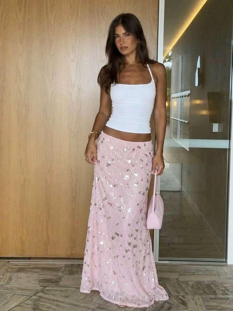 SHEIN RÓŻOWA SPÓDNICA MAXI CEKINY S06__S
