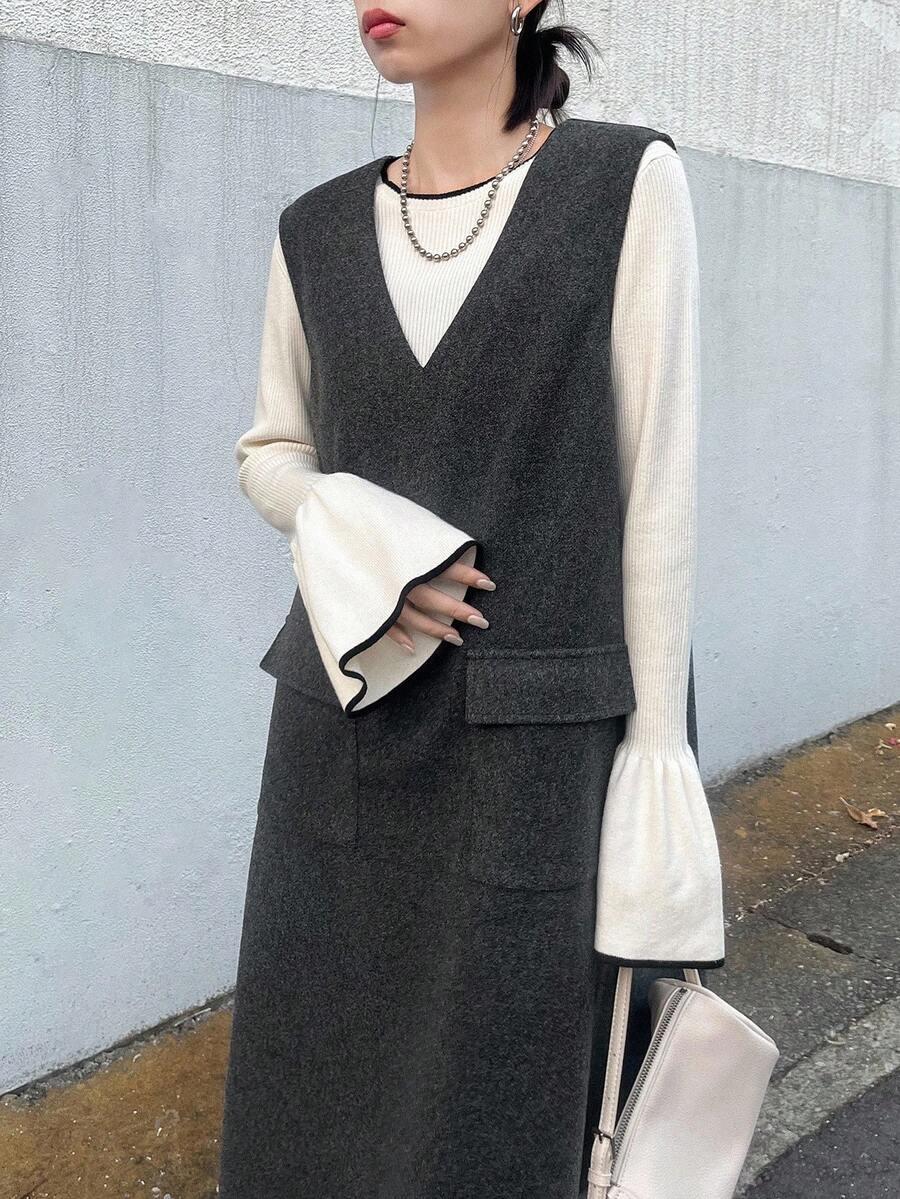 FRIFUL SZARA MAXI SUKIENKA V NECK S06__L
