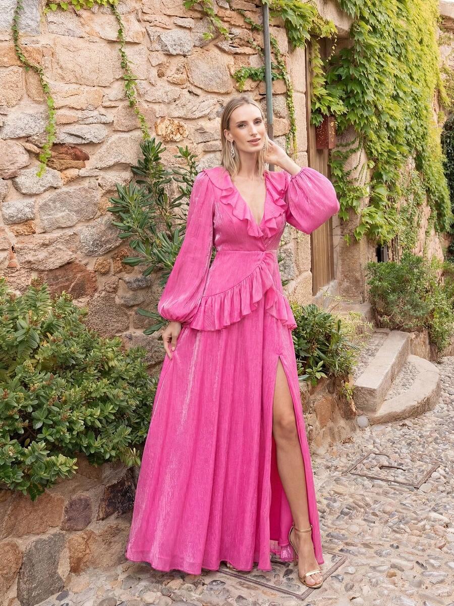SHEIN RÓŻOWA MAXI SUKIENKA Z DŁUGIM RĘKAWEM S06__L