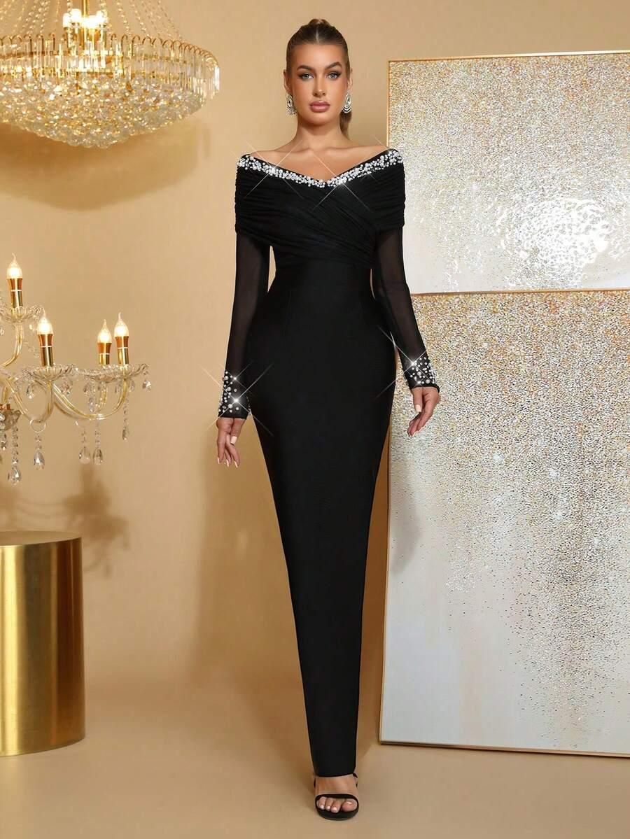 SHEIN CZARNA MAXI SUKIENKA ZDOBIENIE S06__S