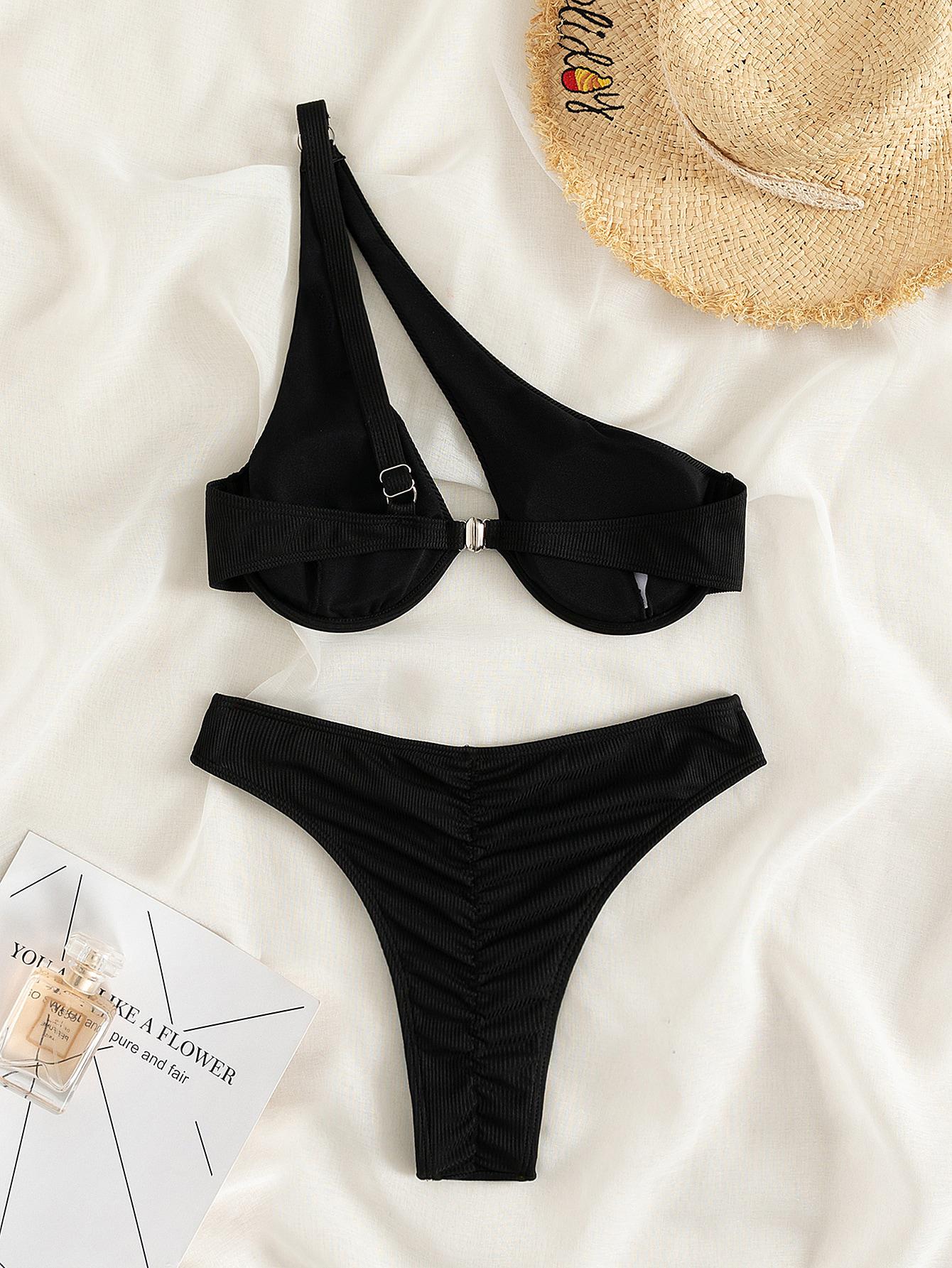 SHEIN CZARNY DWUCZĘŚCIOWY STRÓJ KĄPIELOWY PRĄŻKI S09__L