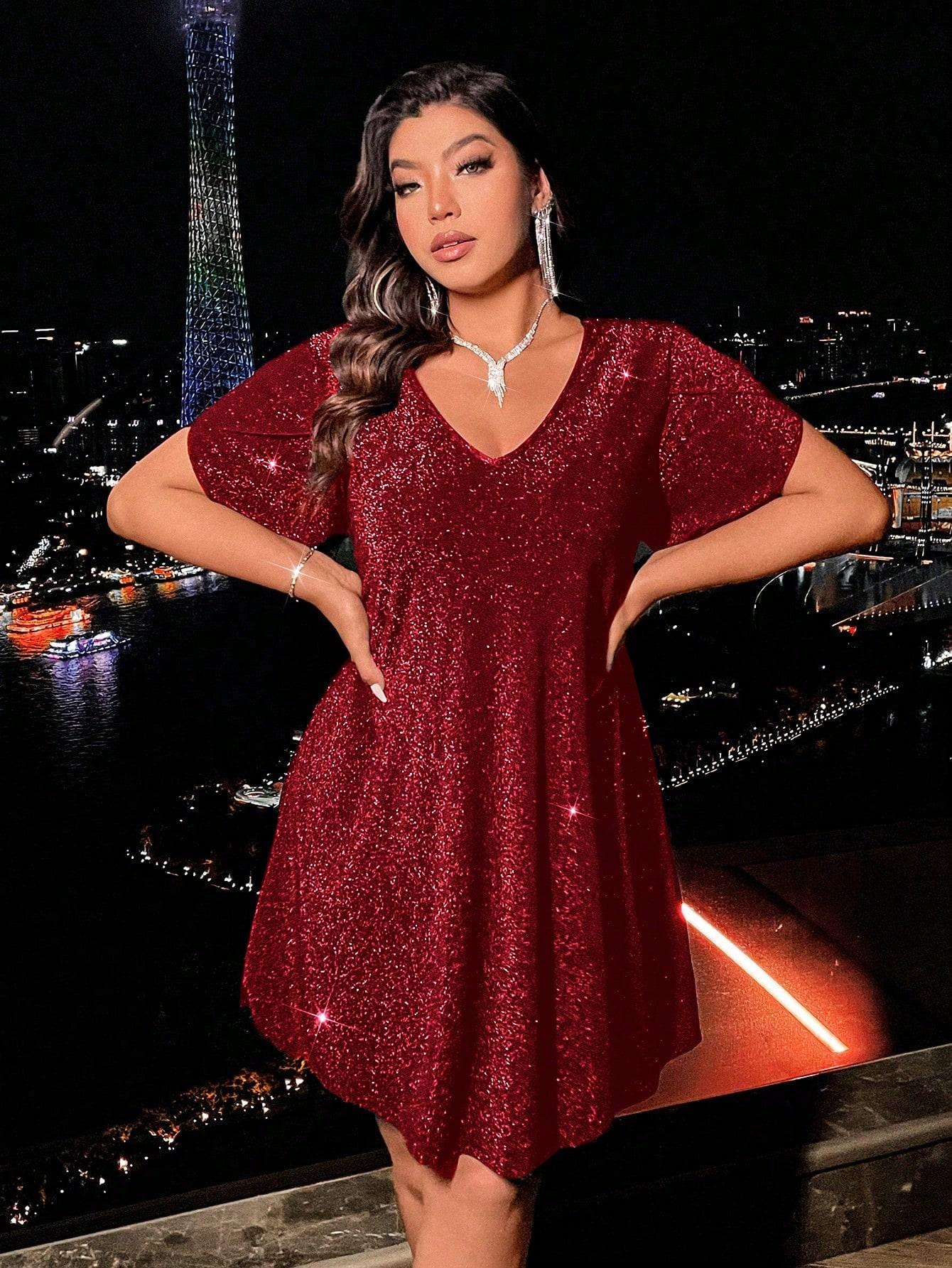 SHEIN CZERWONA SUKIENKA KRÓTKI RĘKAW V-NECK PK01__50