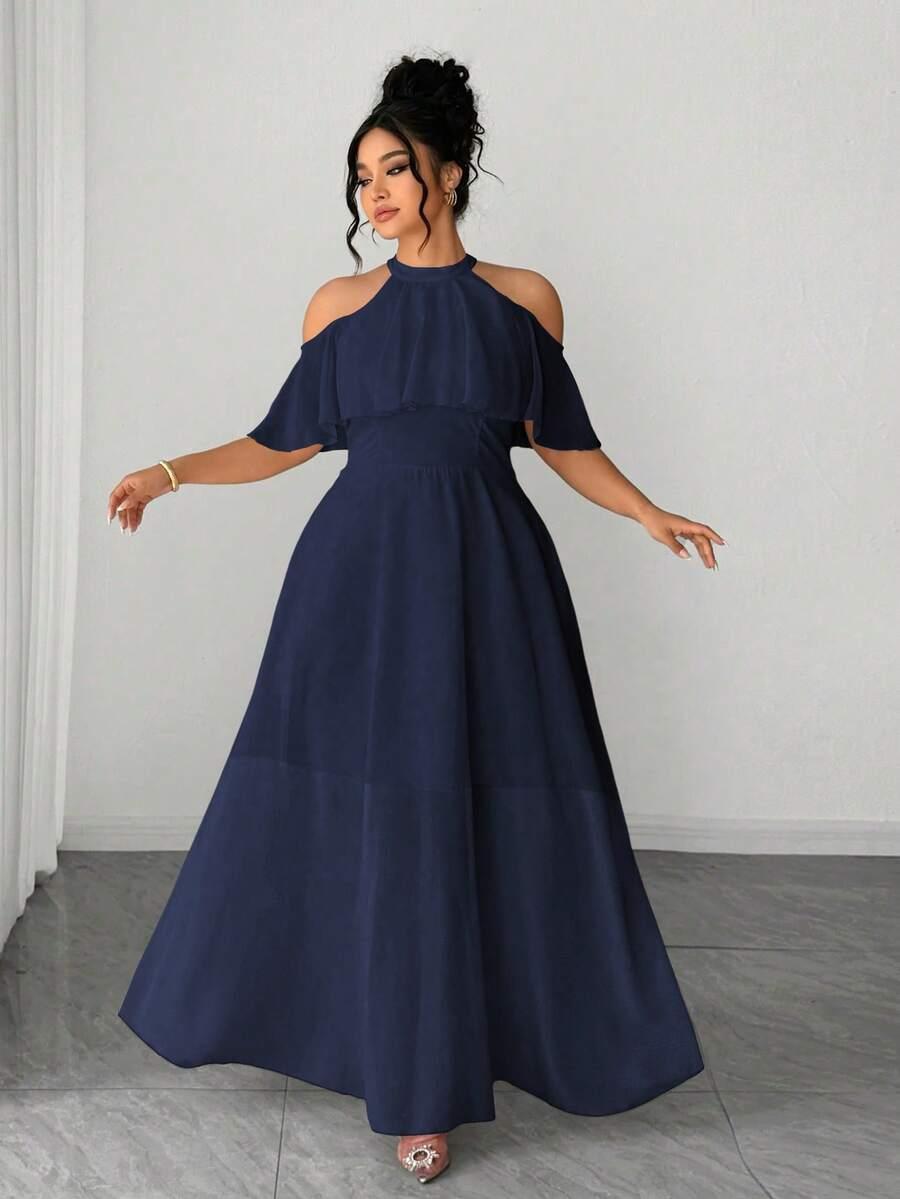 SHEIN GRANATOWA MAXI SUKIENKA ODKRYTE RAMIONA S06__48