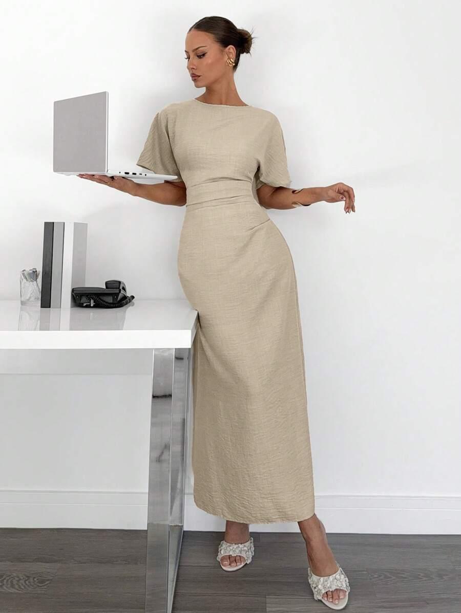 SHEIN BEŻOWA MAXI SUKIENKA S06__S
