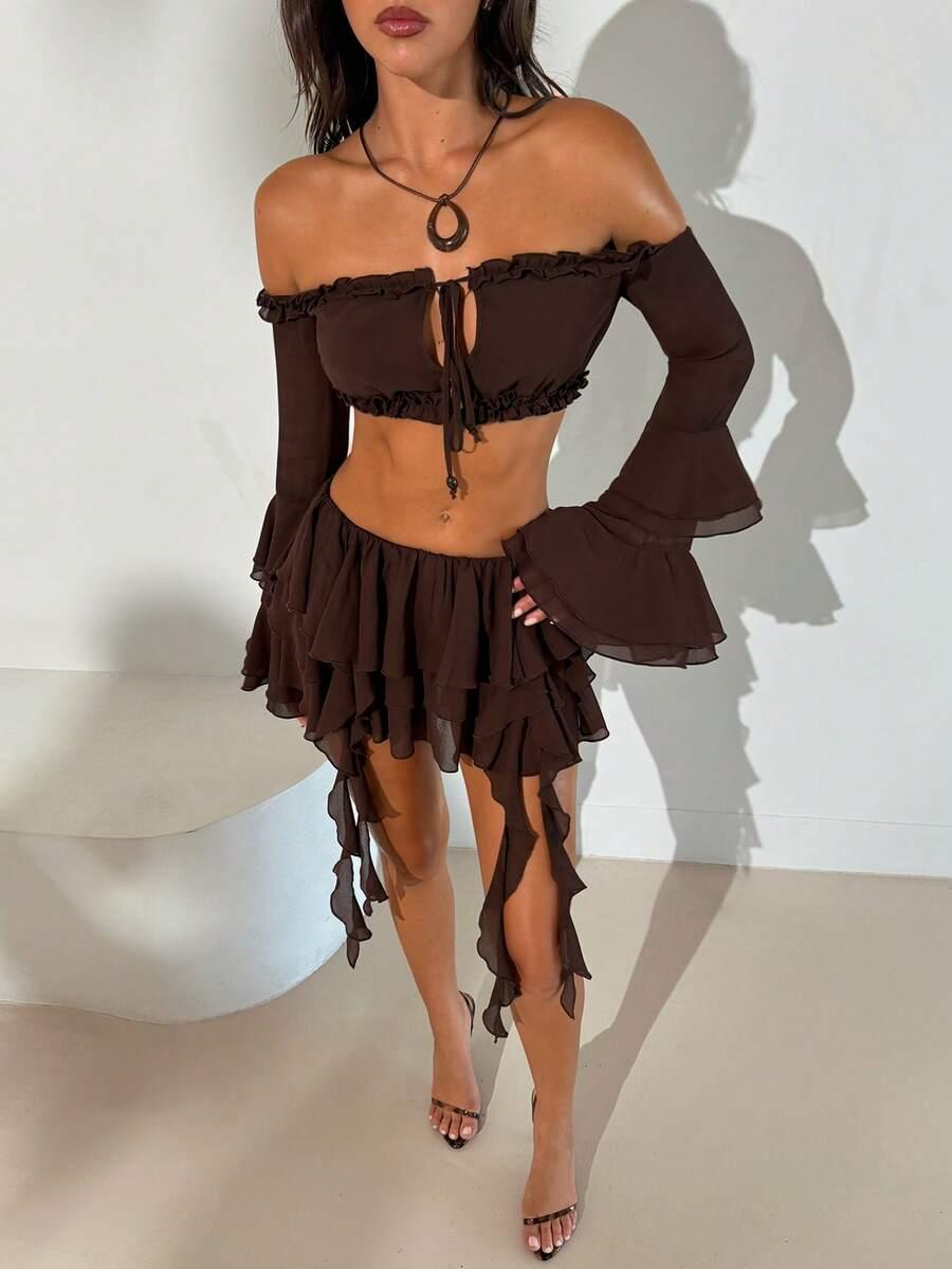 SHEIN BRĄZOWY TOP ODKRYTE RAMIONA FALBANA S06__S