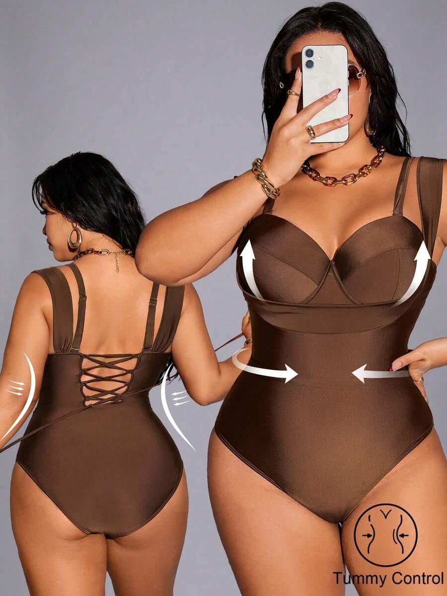 SHEIN BRĄZOWY JEDNOCZĘŚCIOWY STRÓJ KĄPIELOWY S09__46