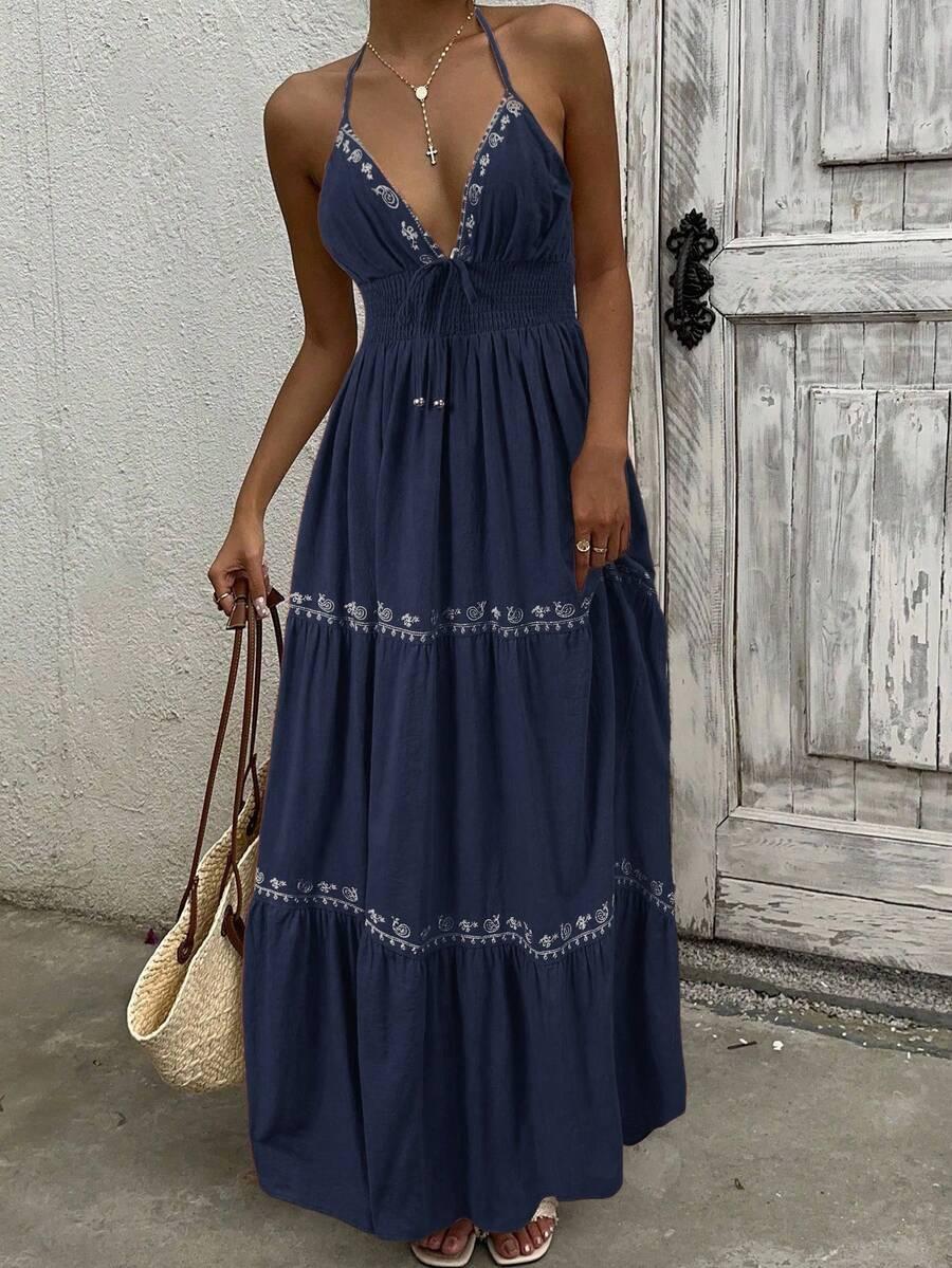 SHEIN GRANATOWA MAXI SUKIENKA NA RAMIĄCZKACH S09__S