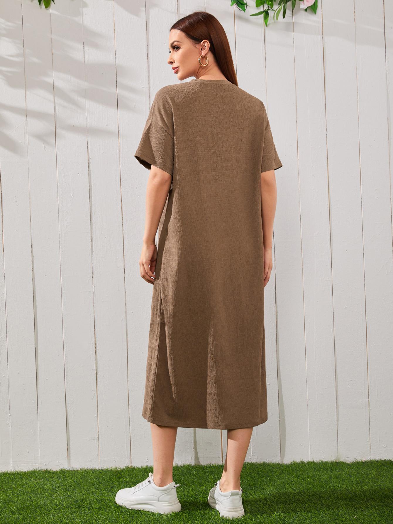 SHEIN BRĄZOWA SUKIENKA KRÓTKI RĘKAW TEKSTURA S06__L