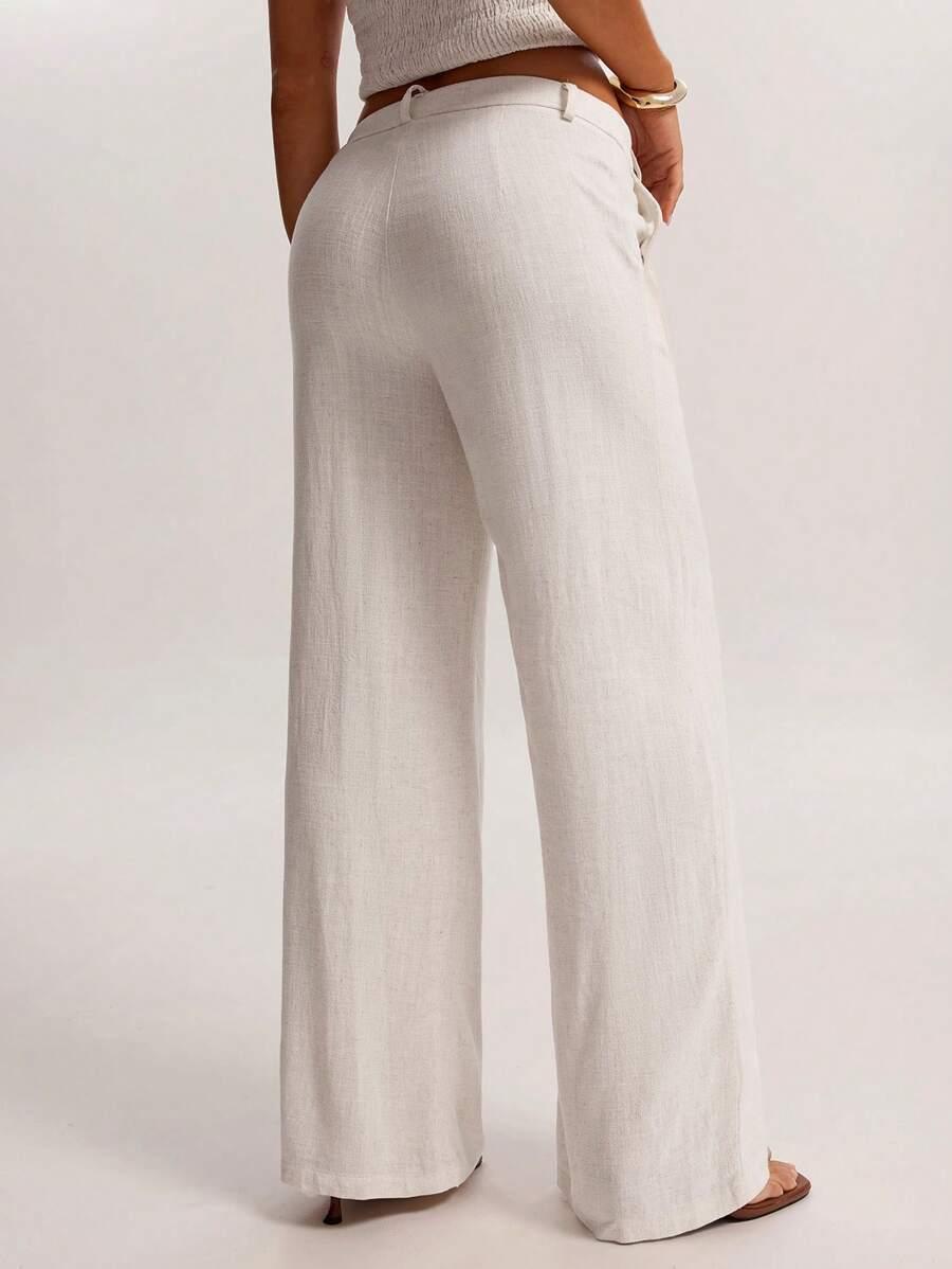 SHEIN BEŻOWE SPODNIE CASUAL Z DOMIESZKĄ LNU S06__XXS