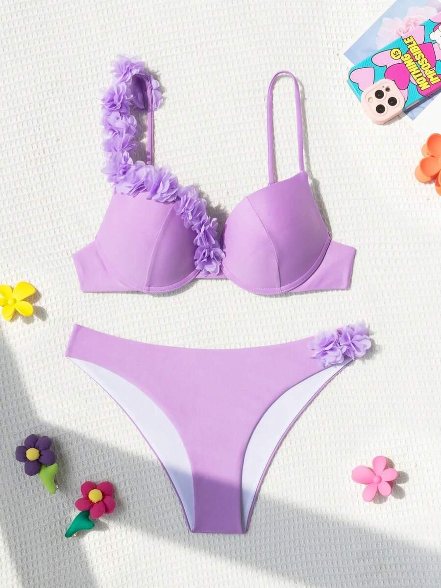 SHEIN FIOLETOWY DWUCZĘŚCIOWY STRÓJ KĄPIELOWY KWIAT 3D S09__XL