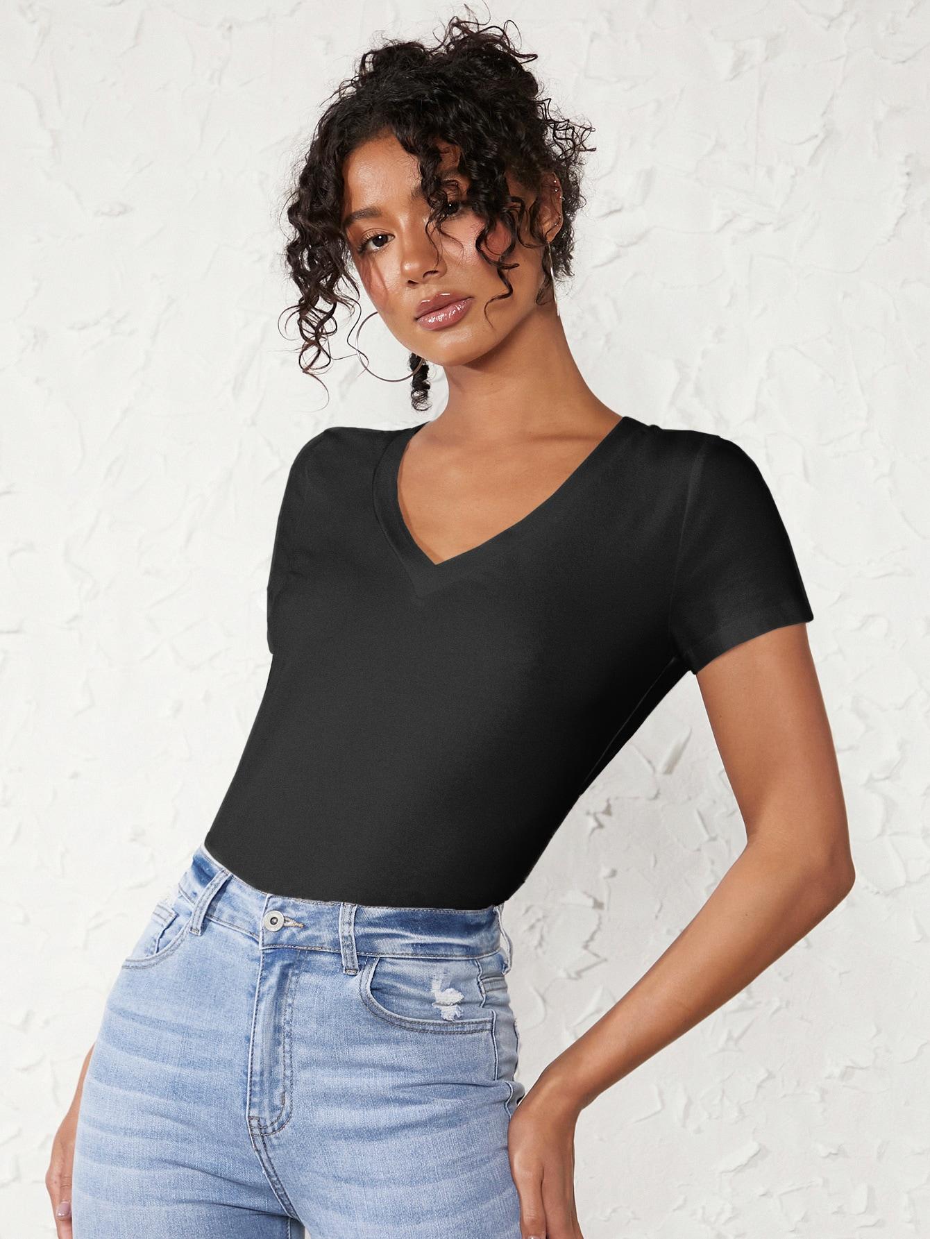 SHEIN CZARNA BLUZKA KRÓTKI RĘKAW S06__L