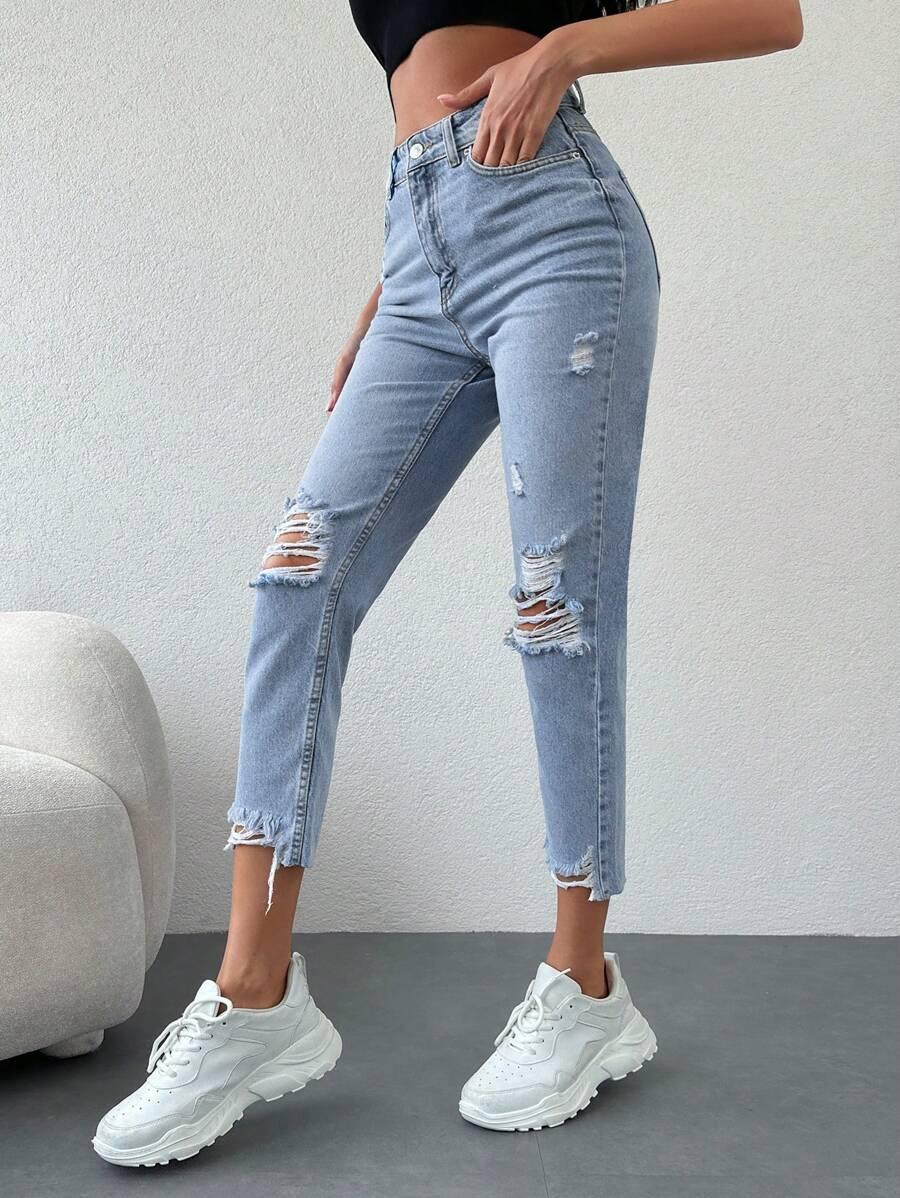 SHEIN NIEBIESKIE SPODNIE MOM JEANS PRZETARCIA WYSOKI STAN PK01__M