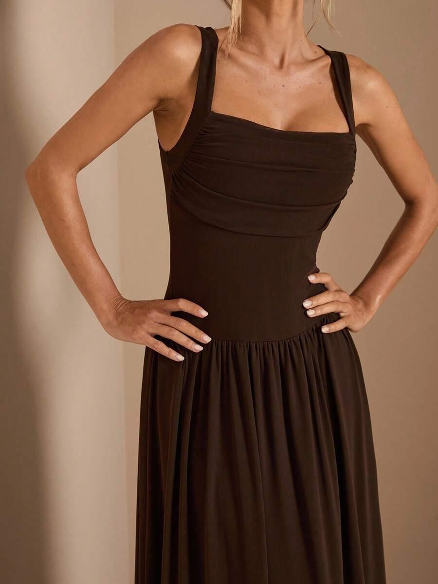 SHEIN BRĄZOWA MAXI SUKIENKA S09__L