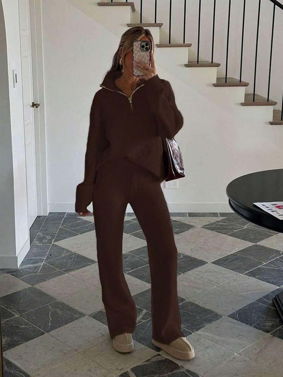 SHEIN BRĄZOWY KOMPLET SWETER SPODNIE S06__L