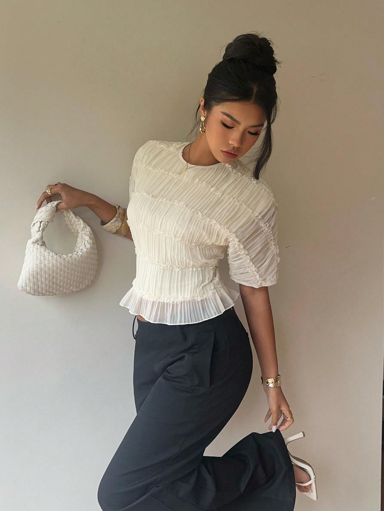 SHEIN KREMOWA BLUZKA MARSZCZENIA KORONKA S06__XS