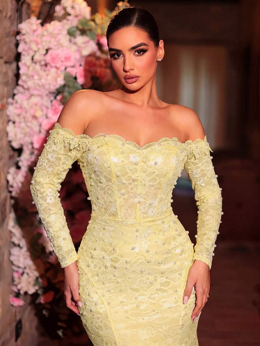 GLAMRAE ŻÓŁTA MAXI SUKIENKA KORONKA PEREŁKI S06__M
