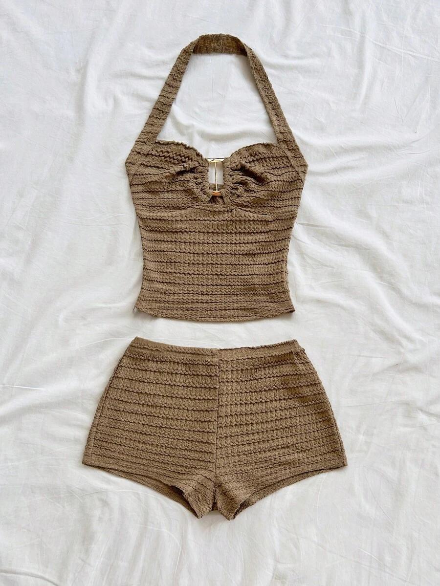 SHEIN BRĄZOWY DWUCZĘŚCIOWY KOMPLET SPODENKI TOP S06__S
